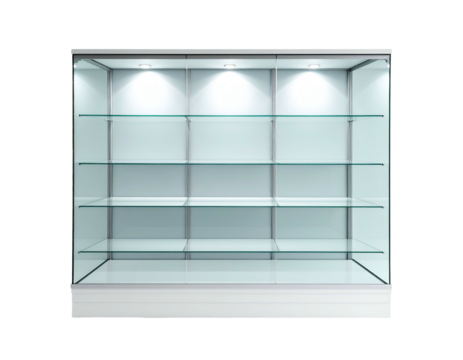 A display case features glass shelves, interior lighting, and a white base