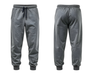 Front and back views of grey, comfortable, athletic pants with a drawstring and cuffs