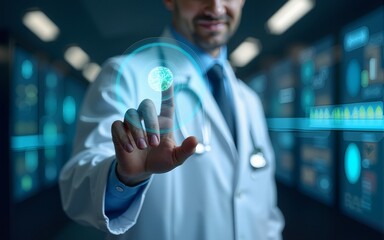 Healthcare technology, Medicine doctor touching digital global network of medical data exchange. Digital healthcare on social network connection with hologram modern interface, Future of medical.