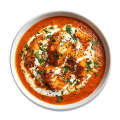 Delicious bowl of Chicken Tikka Masala with fresh cilantro and red peppers isolated on transparent background