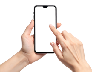 Close-up view of hands holding a smartphone, with one finger touching the blank screen