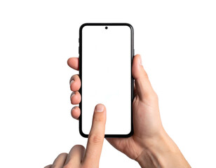 Person's hands holding a sleek smartphone with a blank white screen, against black background