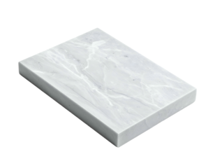 A rectangular, polished slab of white marble with subtle gray veining, angled perspective