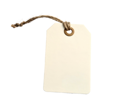 Blank rectangular ivory label with a brown string loop, ready for personalization