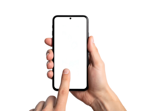 Person's hands holding a sleek smartphone with a blank white screen, against black background