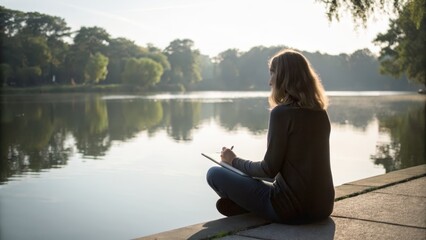 Fototapeta premium emotional balance while traveling alone A woman sketches peacefully by a serene lakeside, surrounded by nature's beauty.