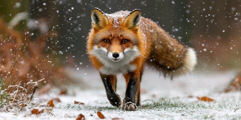 Majestic Red Fox Walking Through a Snowy Path in Winter, Captivating Eyes and Beautiful Fur Details