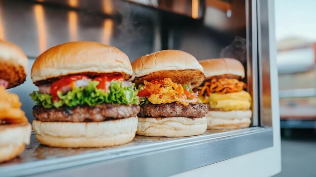 Colorful Gourmet Burgers with Fresh Ingredients Displayed in a Street Food Setting Ready for Tasting and Enjoyment 4k video footage