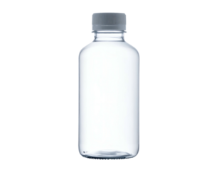 Clear, cylindrical bottle with a grey cap, filled with transparent liquid, on black backdrop