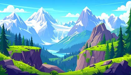 Lush green meadow with majestic snow-capped mountains and pines