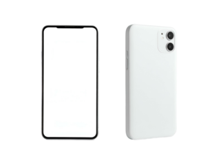 Two views one displaying a blank white screen; the other, the back with two cameras