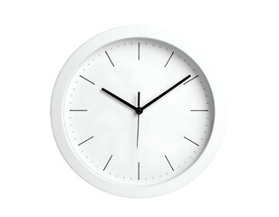 A minimalist round white clock with black hands and markers on a contrasting black background