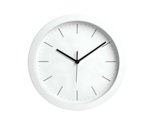 A minimalist round white clock with black hands and markers on a contrasting black background