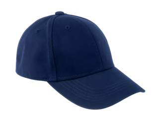 A close-up of a solid dark blue baseball cap on a black background