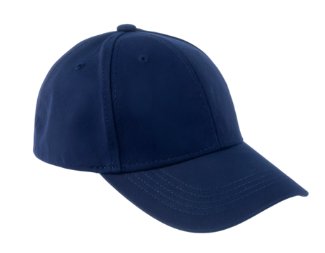A close-up of a solid dark blue baseball cap on a black background