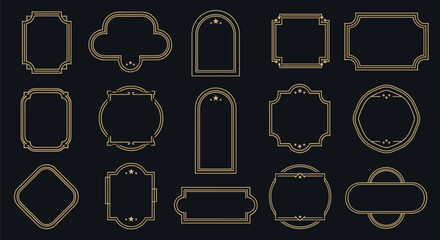 Collection of ornate decorative vintage geometric frames in gold on a dark background.
