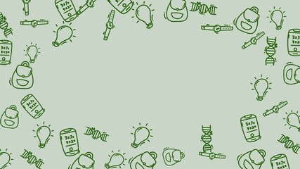 Green science doodle animation with DNA, light bulbs, and gadgets. Education background with copy space. - Powered by Adobe