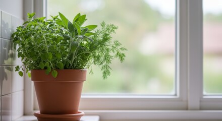 Fototapeta premium Fresh Herbs Growing in a Terracotta Pot by a Window with Natural Light