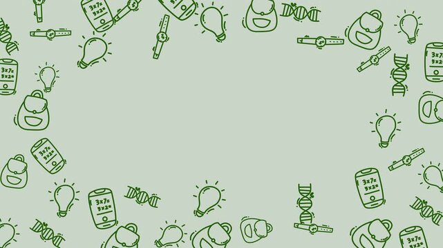 Green science doodle animation with DNA, light bulbs, and gadgets. Education background with copy space.