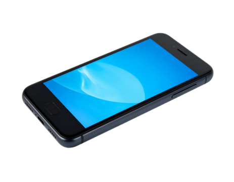 Angled shot of a modern black cellular device with a bright blue screen display
