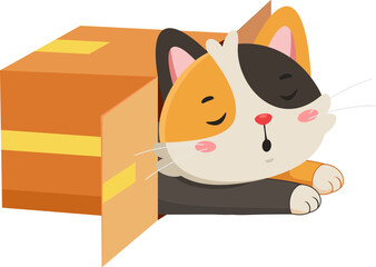 Sleepy Cute Cat Cartoon Character Resting Inside Cardboard Box – Vector Illustration Flat Design Isolated On Transparent Background