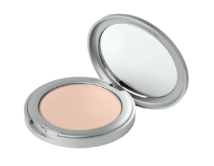 Open compact makeup, silver case, containing pale pressed powder and a reflective mirror