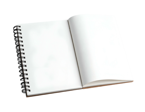 An open sketchbook, facing the viewer. Blank pages are white, ready for writing or drawing