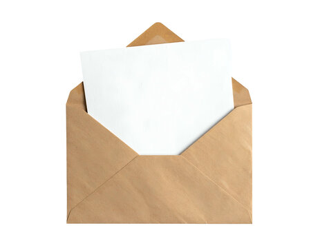 A brown envelope with a blank white card extending from its opening
