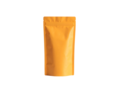Isolated shot of a bright orange, vertical stand-up pouch with a zip lock on a black background