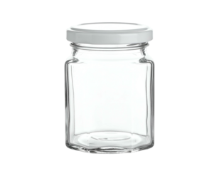 Clear, empty, square glass jar with white lid, isolated against black background