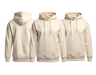 Isolated cream-colored hooded sweatshirts displayed front, back, and side perspectives