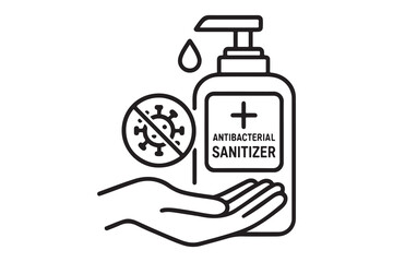 Hand sanitizer bottle with no virus sign and hand catching drop for hygiene and health protection