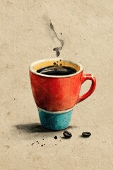 Watercolor illustration of a steaming cup of black coffee in a red and turquoise mug on beige paper background, vintage cafe art with rustic texture