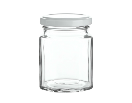 Clear, empty, square glass jar with white lid, isolated against black background
