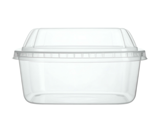 A clear, rectangular plastic food container with a matching lid, set against a black background
