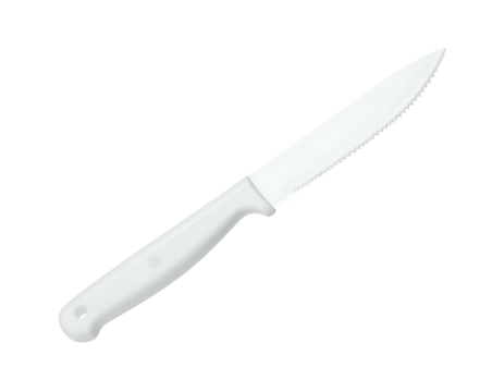 A close-up, isolated view of a pristine white serrated knife on a contrasting black background