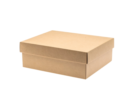 A simple rectangular box made of cardboard with the lid on, set against a dark background