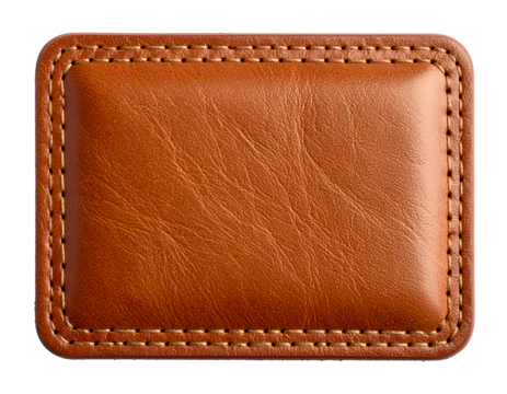 A rectangular, stitched, leather patch in shades of brown, textured and glossy, with a dark background