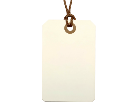 Isolated beige rectangle tag with rounded corners and a brown string for suspension