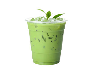 Iced green beverage in transparent cup, topped with leaves and ice, against black background