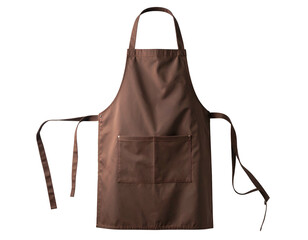 A brown cooking apron with a neck loop, waist ties, and a rectangular front pocket