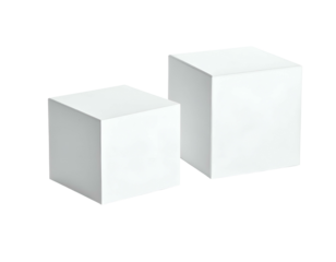 Two white, blank, three-dimensional cubes isolated on a transparent black background