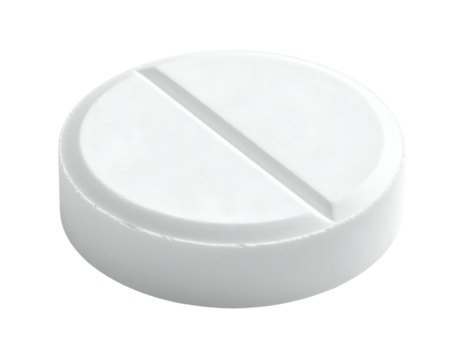 Close-up of a single, white, cylindrical tablet with a central score line, isolated on black