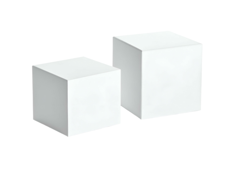 Two white, blank, three-dimensional cubes isolated on a transparent black background - Powered by Adobe