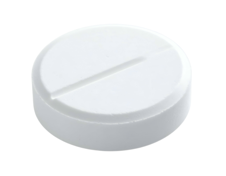 Macro shot of a white, round pharmaceutical tablet with a scored line, isolated on black