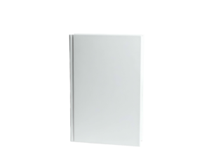 A vertically oriented, plain white book stands isolated against a solid black background