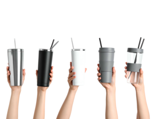 Five assorted tumblers with straws held by hands against a black background