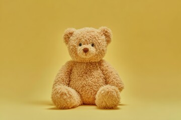 Cute Teddy Bear Sitting Isolated on Yellow Background, Soft Toy