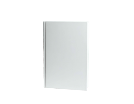 A vertically oriented, plain white book stands isolated against a solid black background