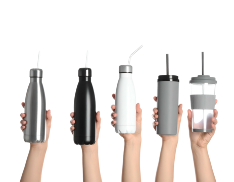 Array of reusable water bottles and travel mugs held up against a black backdrop